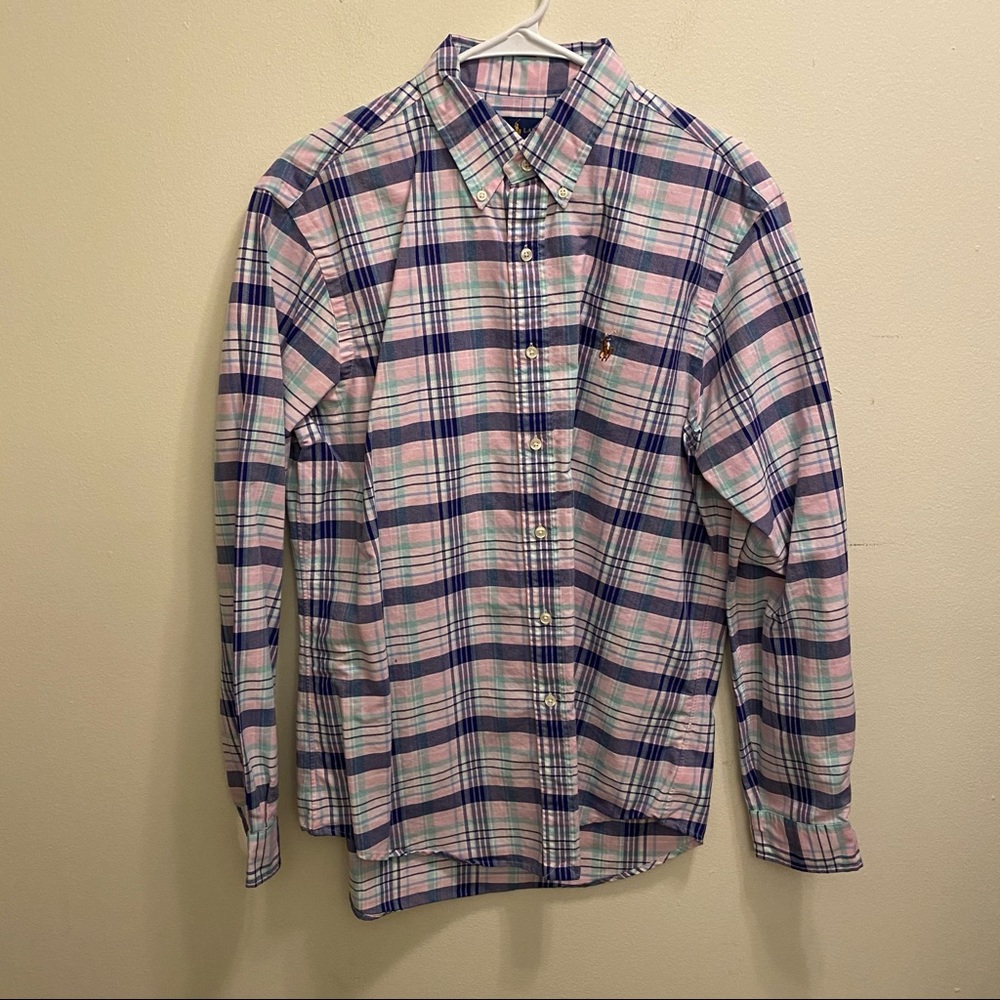 Polo Ralph Lauren Blue White Plaid Shirt Large EUC
